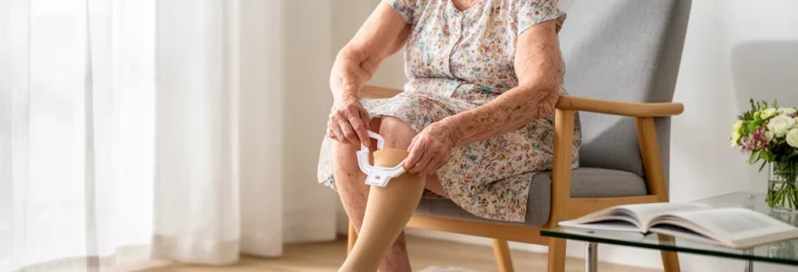 Femme âgée assise enfilant un bas de contention beige avec un accessoire dans son salon