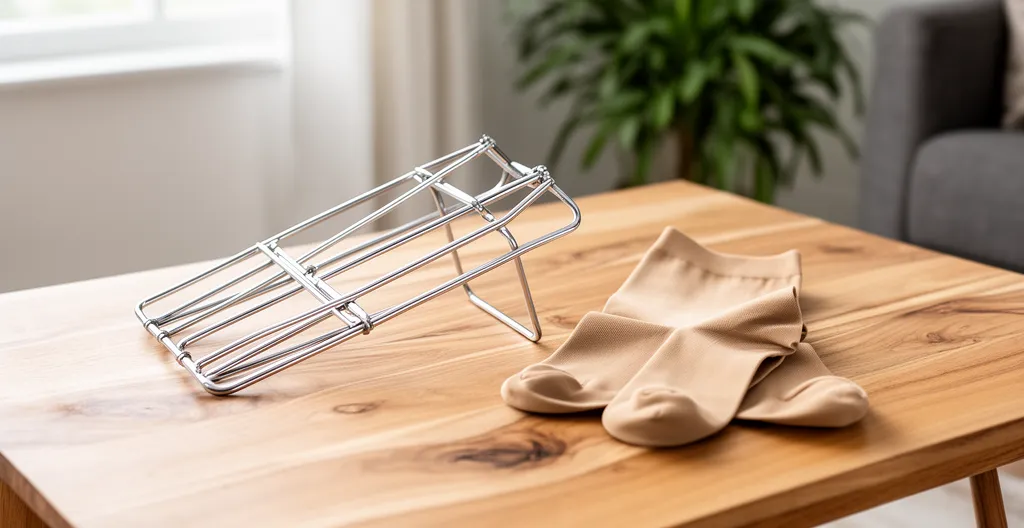 Enfile-bas rigide métallique posé sur une table basse avec un bas de contention plié à côté